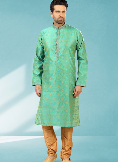 Sea Green Colour Outluk New Latest Design Jacquard Silk Brocade Party Wear Kurta Pajama Mens Collection 1224-1029